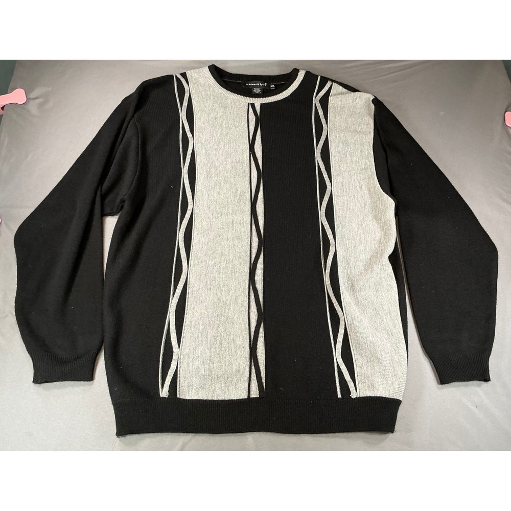 A. Adams & Spire Mens XXL Black Grey Colorblock Wavy Line Wool Blend Sweater